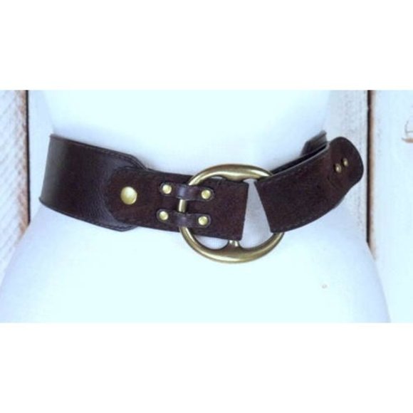 Wide dark brown leather vintage saddle belt/brass metal loop buckle belt - Picture 3 of 5